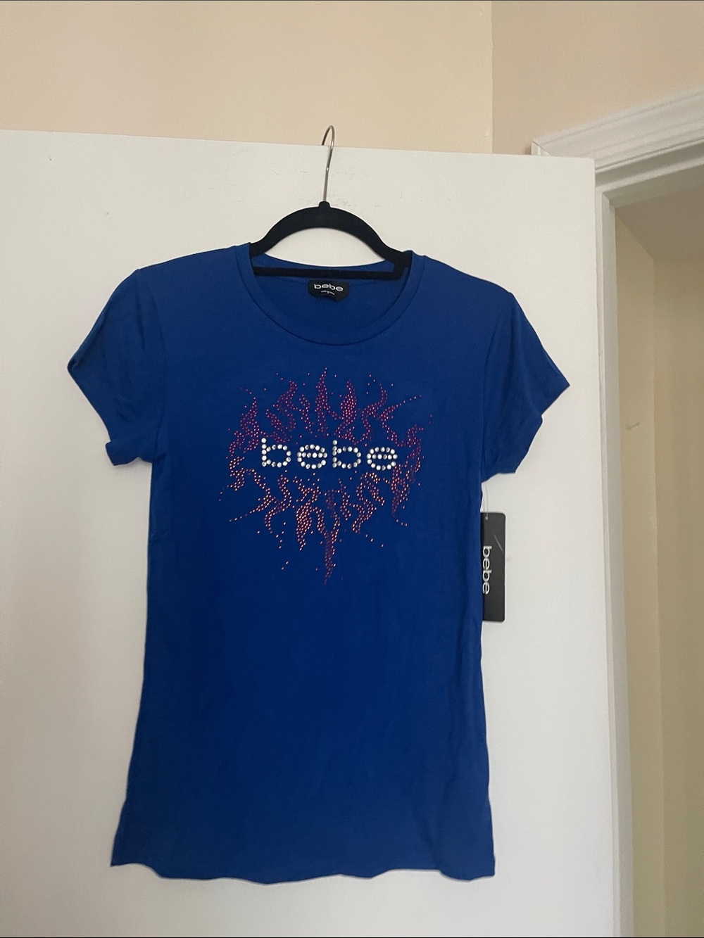 bebe Royal Blue Rhinestone Flame Logo Tee - Short Sleeve